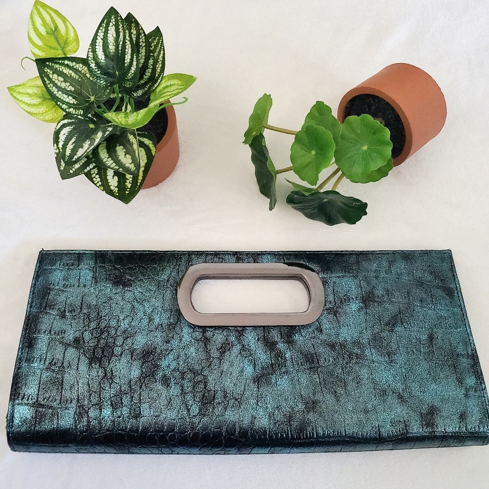 Faux crocodile leather green metallic clutch bag